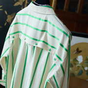时髦腔调感 订制印度丝精致苹果亮片刺绣背扣造型绿织带条纹衬衫