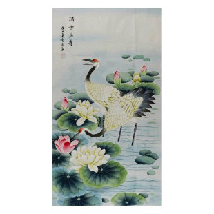 三尺工笔画花鸟国画手绘字画装饰画顾雪芳荷花仙鹤鹭鸶鲤鱼GG100