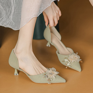 果绿色细高跟鞋女法式手工，蝴蝶结花朵浅口包头凉鞋5公分小跟单鞋