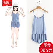 2023韩版夏季性感吊带短裤睡衣女薄两件套大码甜美家居服套装