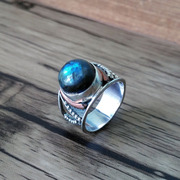 印度尼泊尔925纯银指环天然蓝光，拉长石手工复古食指中指戒指