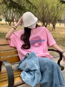 国潮美式粉红色短袖t恤女夏季小众设计感宽松显瘦纯棉上衣半袖ins