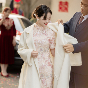 2024秋冬新娘婚礼毛，呢大衣宴会日常全羊毛外套高端白色中长款