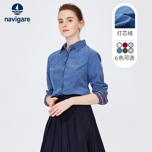 纯棉灯芯绒Navigare意大利小帆船长袖衬衫女蓝色设计感衬衣