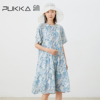 蒲pukka原创设计夏季亚麻，宽松印花短袖，碎褶蛋糕连衣裙