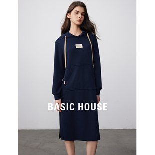 Basic House/百家好慵懒风连帽卫衣裙2024秋冬高腰过膝连衣裙