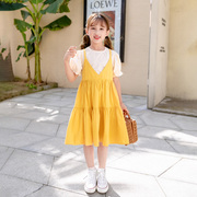 女童夏季短袖假两件吊带连衣裙蛋糕裙儿童中大童黄色棉布裙