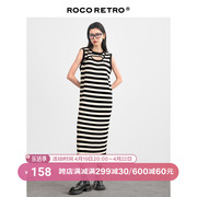 ROCO镂空设计黑色条纹背心裙2024春夏宽松百搭针织连衣裙长裙