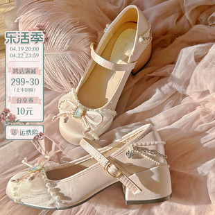 pinkyo原创法式玛丽珍鞋，甜美仙女蝴蝶结浅口单鞋女圆头粗跟高跟鞋