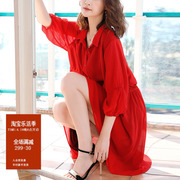 春装高级感红色衬衫裙中长款气质女士洋气大码雪纺连衣裙海边度假