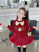 女童猫咪毛衣配蓬蓬半身，tutu裙长袖年服生日秋冬套装酒红色公主裙