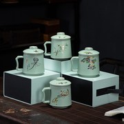汝窑茶杯套装陶瓷带盖茶滤个人，办公杯三件杯茶水分离泡茶杯领导杯