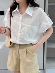 夏季短袖通勤韩版灯笼袖翻领衬衫衬衫女衬衫女上衣上衣年轻