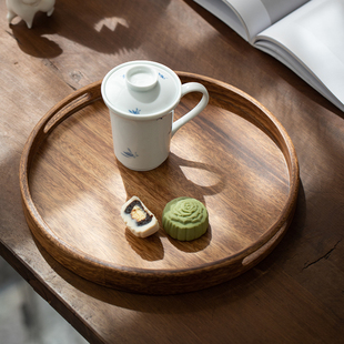 胡桃木家用圆形托盘日式实木，盘子木质咖啡托盘果盘，茶盘零食收纳盘