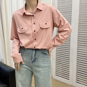 纯色翻领衬衫春装宽松显瘦气质工装时髦粉色长袖衬衣