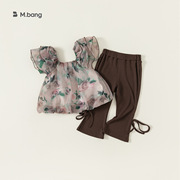 INSbobo夏季套装儿童玫瑰花娃娃衫复古两件套女童喇叭裤XT24063
