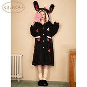 GUKOO/果壳爱丽丝系列兔子先生黑色连帽冬睡袍加绒保暖可外穿