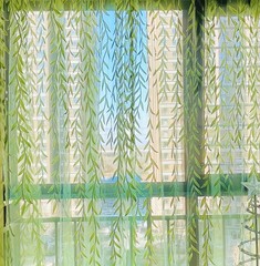 绿色柳叶成品窗帘定制阳台卧室客厅农家乐装饰沙帘窗帘胶印窗纱