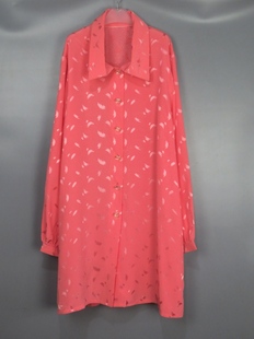 vintage古着90年代粉红色暗纹，长款雪纺长袖衬衫