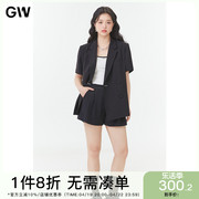 gw大码女装职场黑色短袖，西装套装2024夏季微胖mm遮腰显瘦上衣