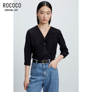ROCOCO夏季黑色V领通勤OL抽褶气质休闲雪纺衫小衫上衣女