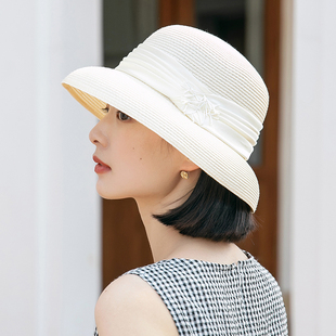 法式草帽女夏天遮阳帽英伦复古白色防晒帽，灯罩薄款太阳帽女款帽子