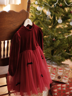 华丽金丝绒女童裙进口韩国金丝绒复古又典雅的红调丝绒礼服连衣裙