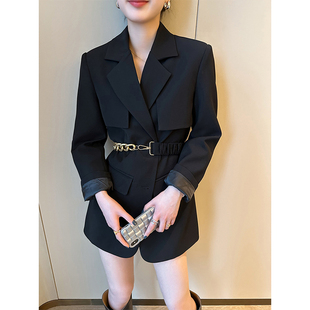 PINKEEN 黑色西装外套女春季款2024设计感收腰显瘦中长款上衣
