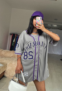 2021夏季美式街头灰紫色数字字母运动嘻哈宽松短袖棒球服外套