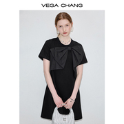 vegachang连衣裙女2024年夏季小众设计大蝴蝶结，圆领t恤裙子