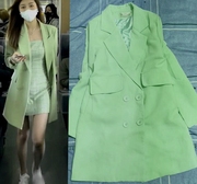 韩版女春秋冬装绿色宽松双排，扣翻领中长款大衣风衣，外套小西装开衫