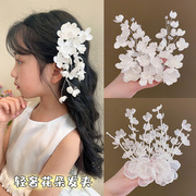 儿童汉服头饰超仙花朵发夹，韩版女童侧边夹小女孩，白色绢花发卡发饰