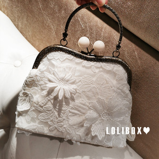 lolibox质感立体蕾丝花朵圆珠夹子，手提包女小包旗袍礼服晚宴会包