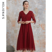海兰丝连衣裙女装，夏季玫红色网纱拼接立领连衣裙婚庆礼服