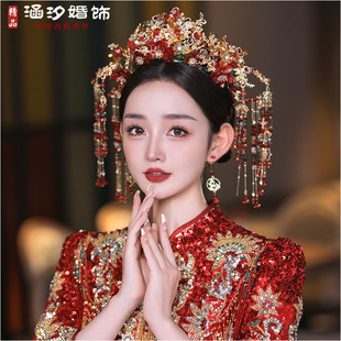 中式新娘结婚秀禾头饰红色水晶，花朵流苏古装汉服新娘跟妆配饰