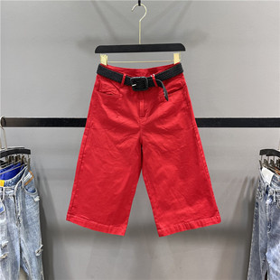 红色七分阔腿裤女2023夏季薄款百搭高腰宽松显瘦小个子，休闲直筒裤