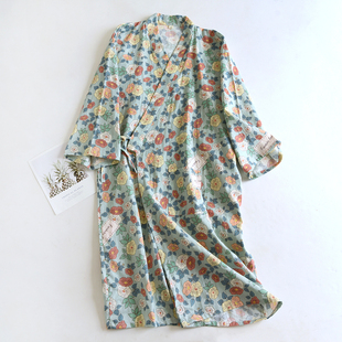 日式和服睡袍女夏季纯棉水洗棉纱布吸汗中长款七分袖清新甜美睡衣