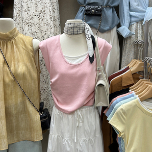 十三行女装2024夏款韩系设计感假两件短袖T恤女抽褶收腰显瘦上衣