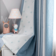 简约现代地中海蓝色条纹窗帘定制星星雪尼尔男孩儿童卧室落地飘窗