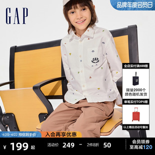 Gap男童2024春季纯棉印花长袖衬衫儿童装时髦洋气上衣890364