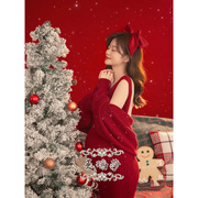 影楼孕妇拍照服装圣诞主题，新年红色毛衣情侣套装大肚居家摄影