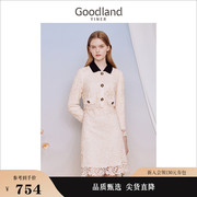 Goodland美地女装2023秋季撞色小A摆假两件镂空蕾丝连衣裙