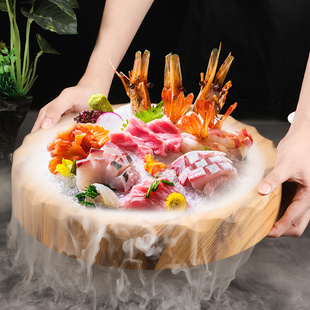日式刺身盘仿木纹圆盘塑料寿司盘料理盘冰盘三文鱼海鲜盘生鱼冰板