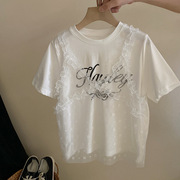女童假两件蕾丝T恤儿童宝宝设计感字母短袖衫女孩白色甜美上衣夏