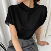 韩国chic夏季优雅气质堆堆立领坑条设计宽松百搭短袖衬衫上衣女