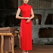 老上海夏季单层短袖旗袍，棉绸正红大红旗袍中国风半开襟小高领