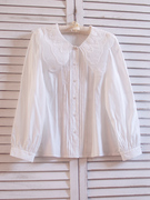 韩国东大门法式欧根纱，娃娃领刺绣花边衬衫，白色打底衫春装衬衣
