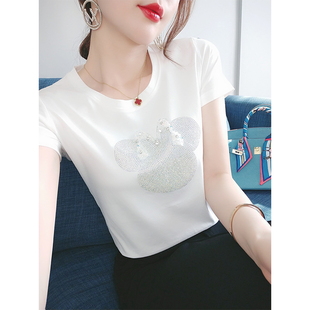 纯棉白色短袖t恤女夏装，2024年重工钉珠，镶钻休闲时尚圆领上衣