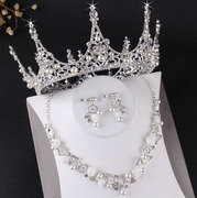 新娘银色珍珠头饰公主圆形王冠婚纱项链配饰三件套装网红款