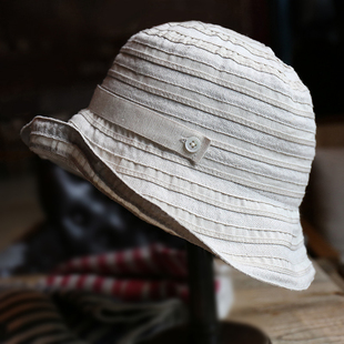 小野商日本设计棉麻，盆帽布帽文艺渔夫帽，折叠沙滩遮阳帽春夏女潮